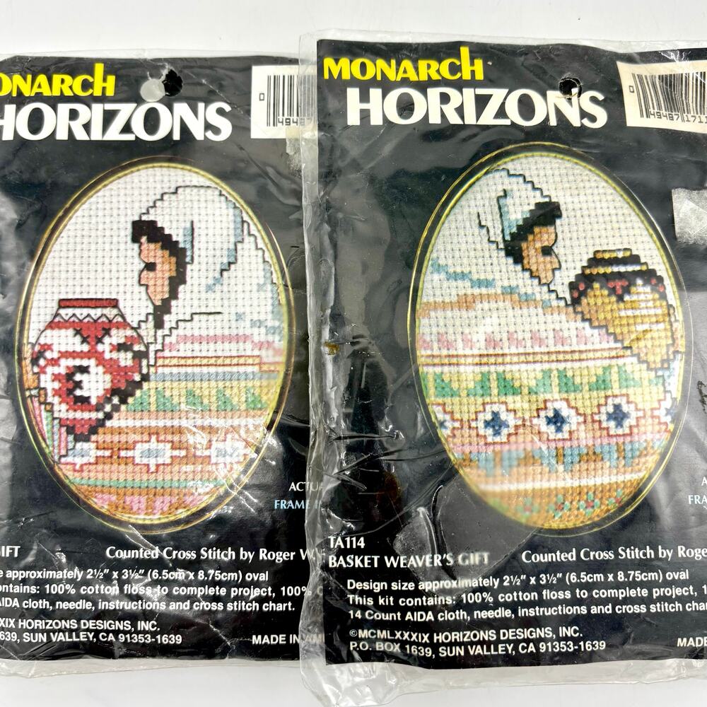 2 Mini Southwest Cross Stitch Kits Frames Monarch Horizons Pottery Basket Weaver